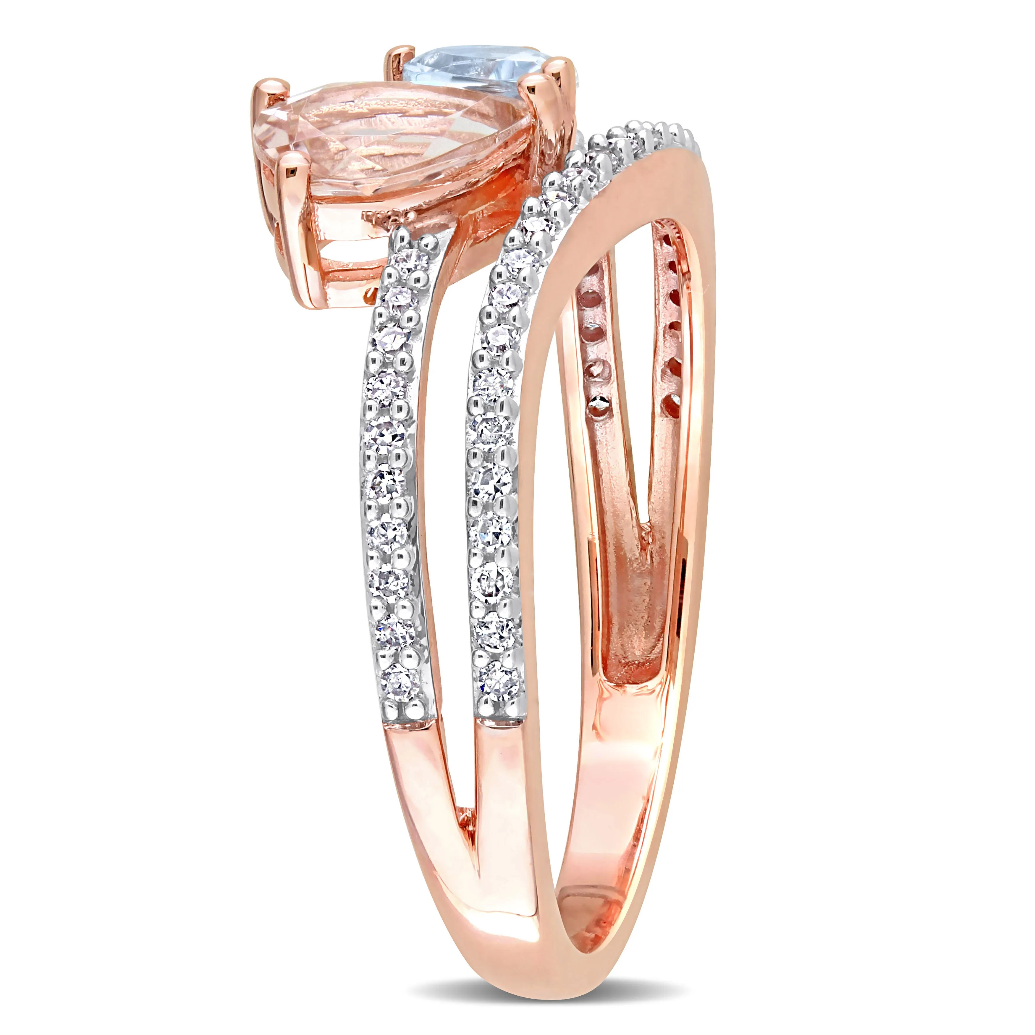 1 1/7 CT TGW Pear Shape Morganite and Aquamarine and 1/4 CT TW Diamond 2-Stone Open Ring in 10K Rose Gold