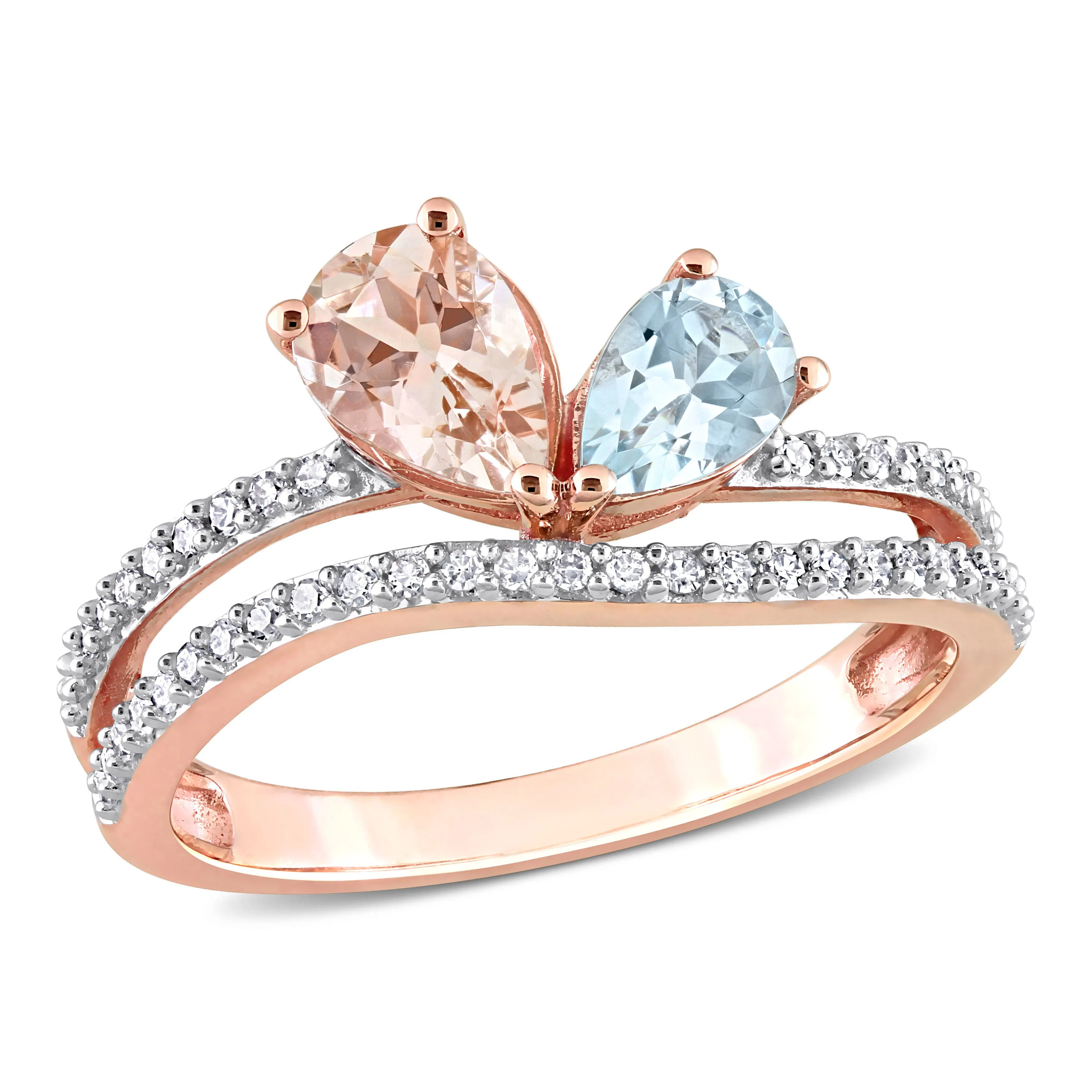 1 1/7 CT TGW Pear Shape Morganite and Aquamarine and 1/4 CT TW Diamond 2-Stone Open Ring in 10K Rose Gold