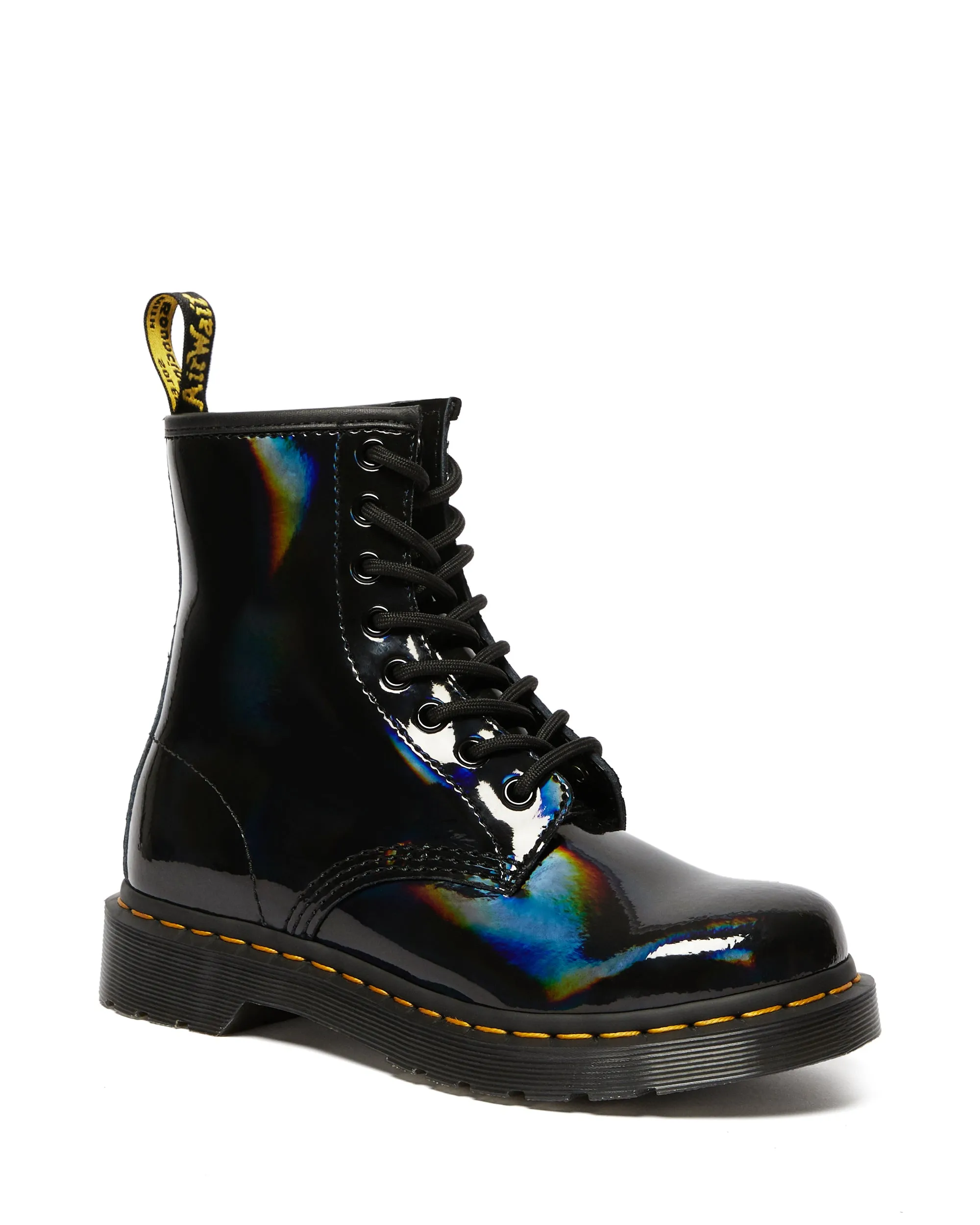 1460 Yellow Stitch Black Rainbow Patent Boots