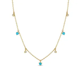 14k Dangling Mixed Round Turquoise & Diamonds Necklace