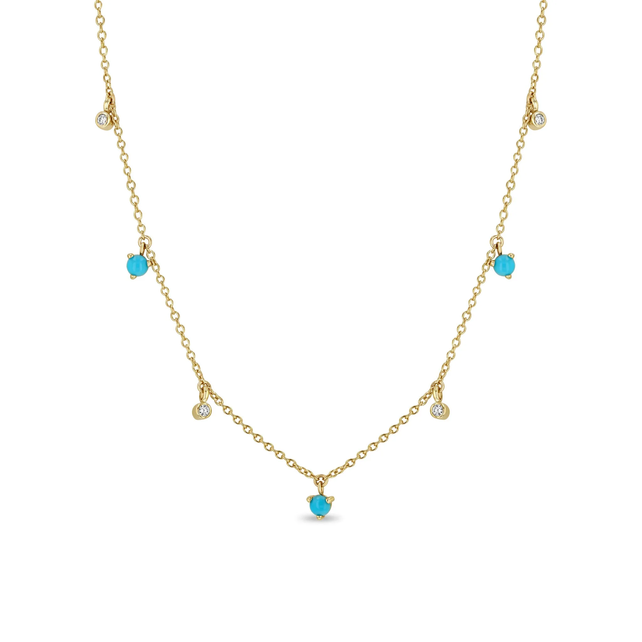 14k Dangling Mixed Round Turquoise & Diamonds Necklace