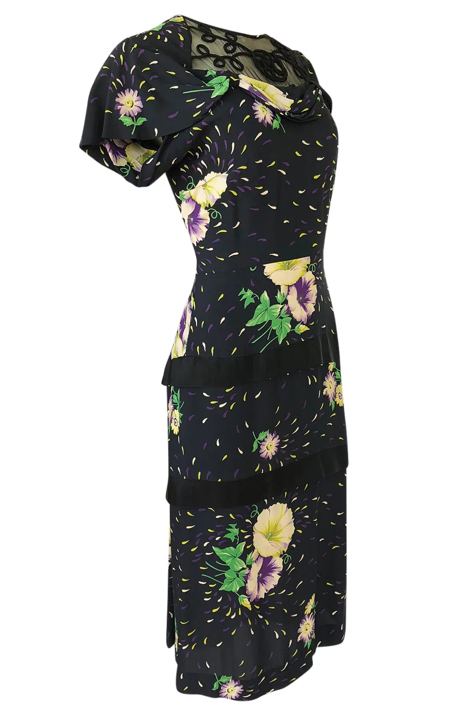 1940s Unlabelled Hand Painted Floral Print Silky Rayon & Net Dress