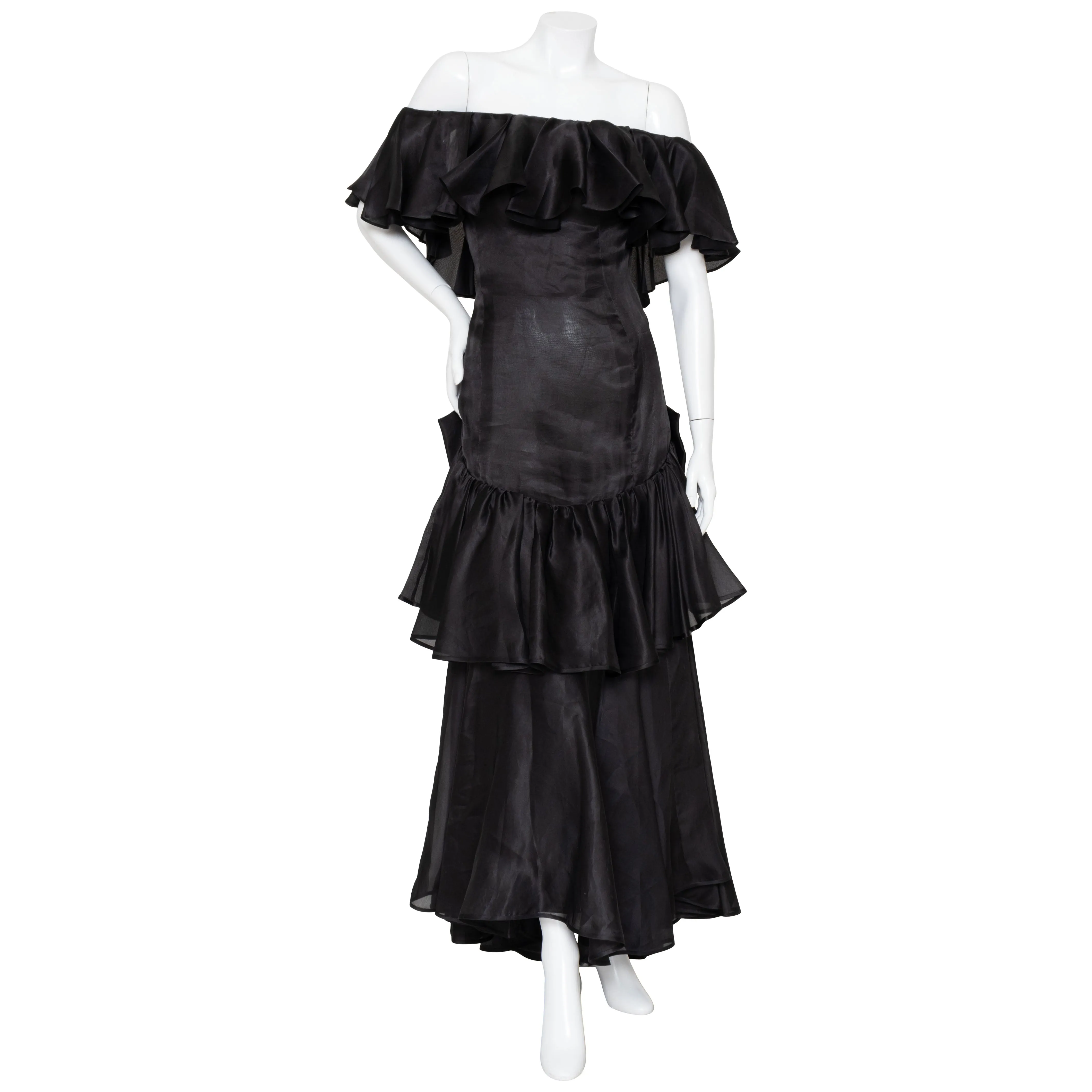 1980s Black Haute Couture Ruffled Gown