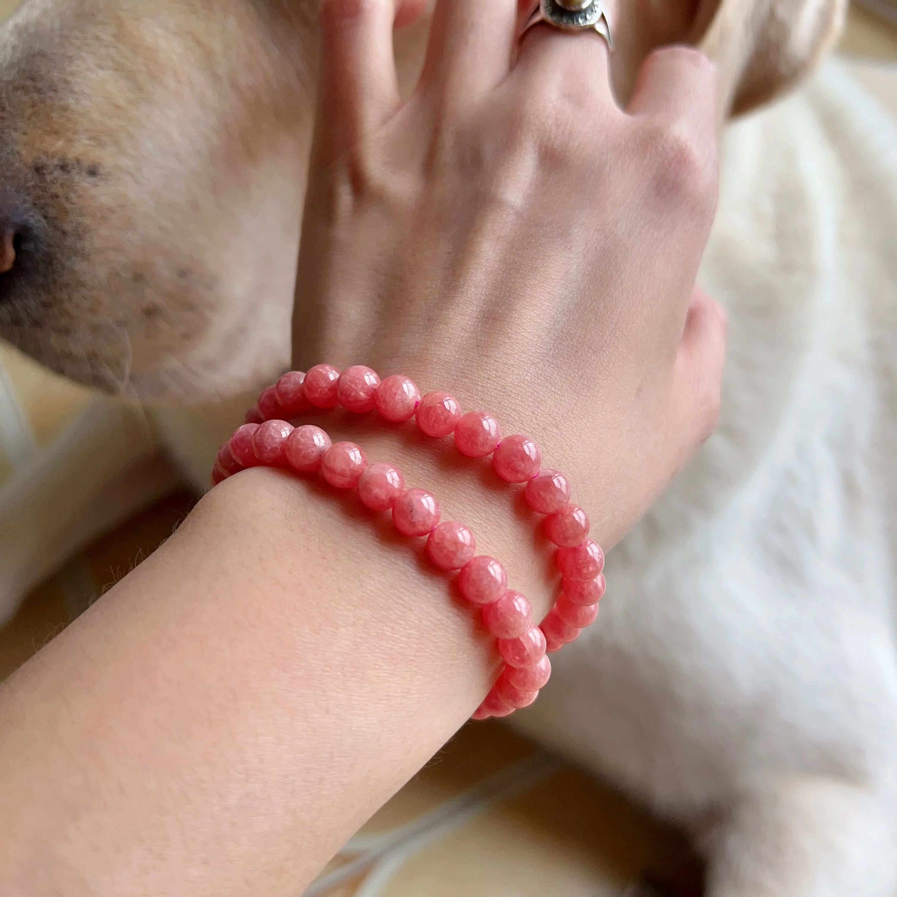 7.3mm Old Mine Natural Rhodochrosite Healing Crystal Bracelet | Heart Chakra Reiki Healing Improve Relationship Marriage