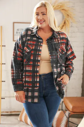 Black & Rust Brushed Plaid Oversize Pocketed Shacket