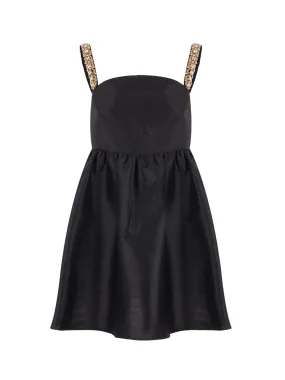 Black Taffeta Embellished Mini Dress