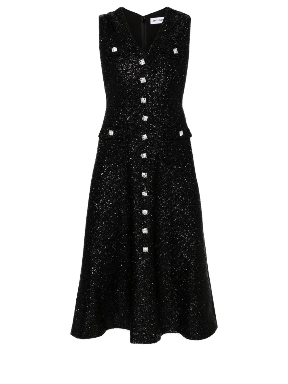 Black Tinsel Boucle Buttoned Midi Dress