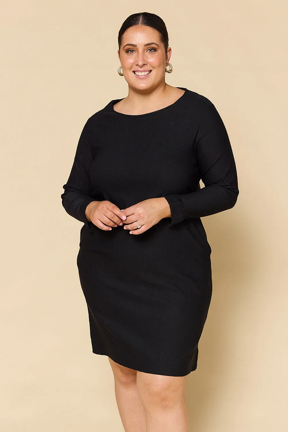 Boatneck Ponte Long Sleeve Dress in Black