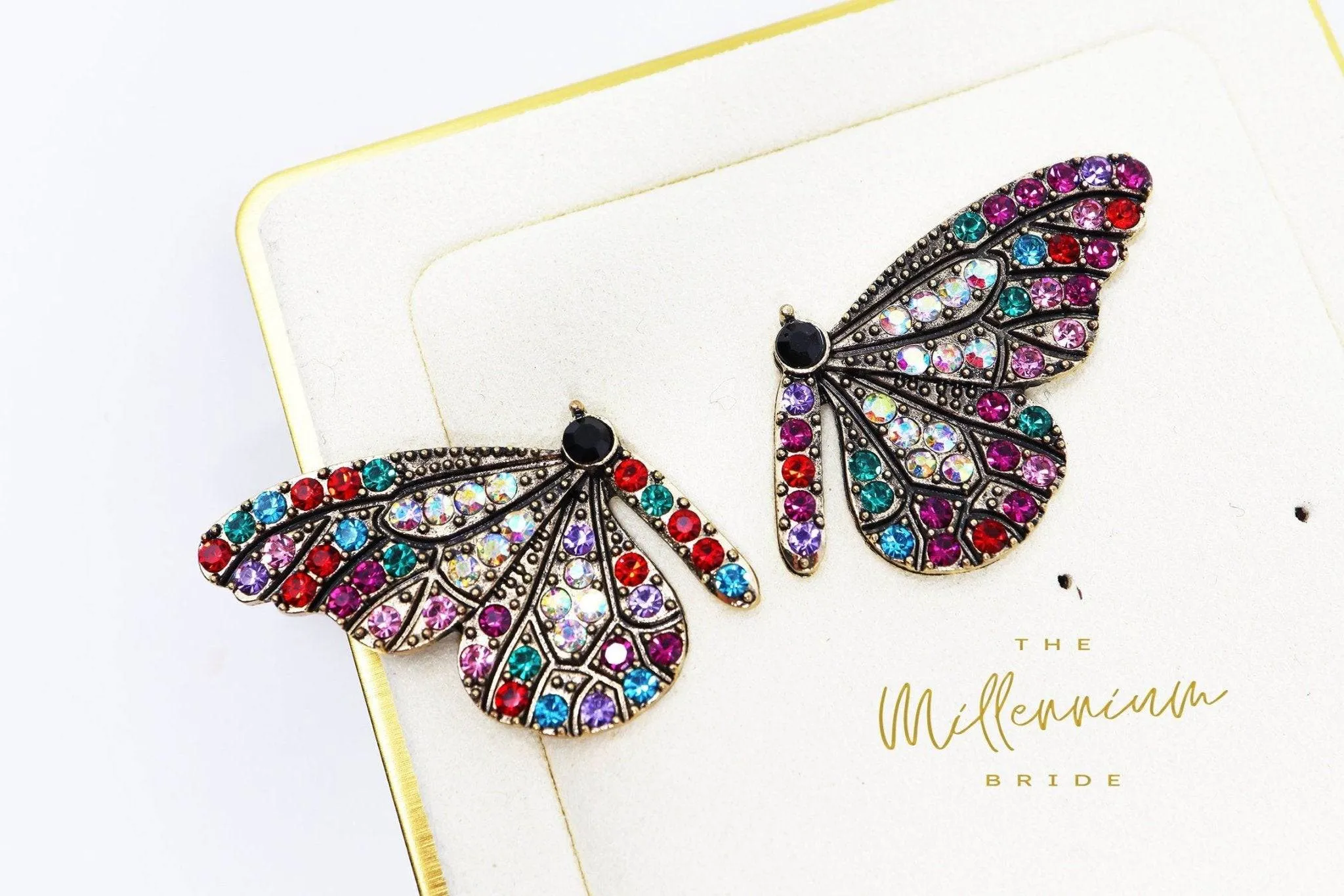 Butterfly Crystal Rhinestones Earrings, Stud Earrings, Statement Earrings, Bridesmaid Earrings, Colorful Butterfly Gold Earrings.