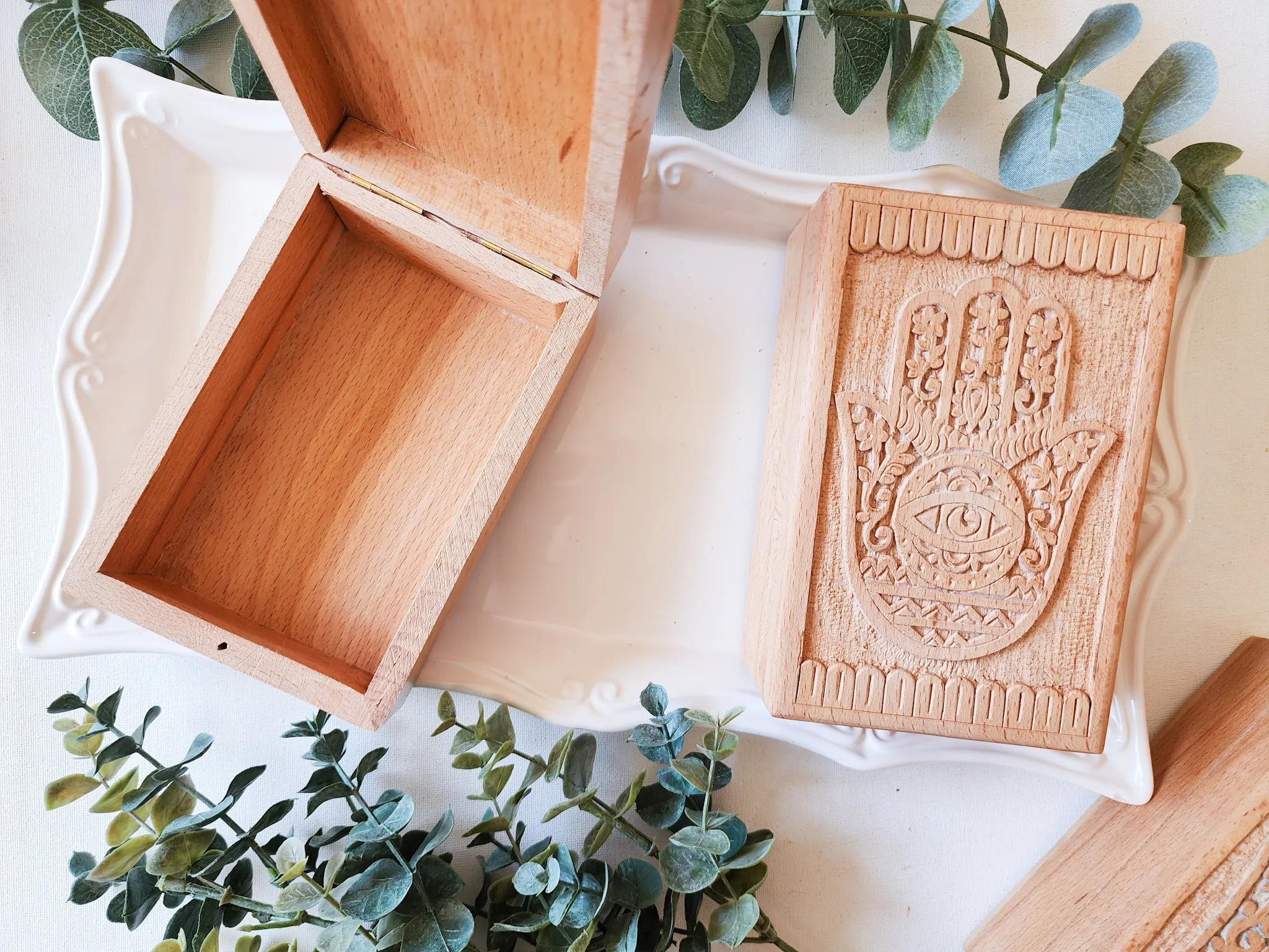 Carved Wood Box || Hamsa