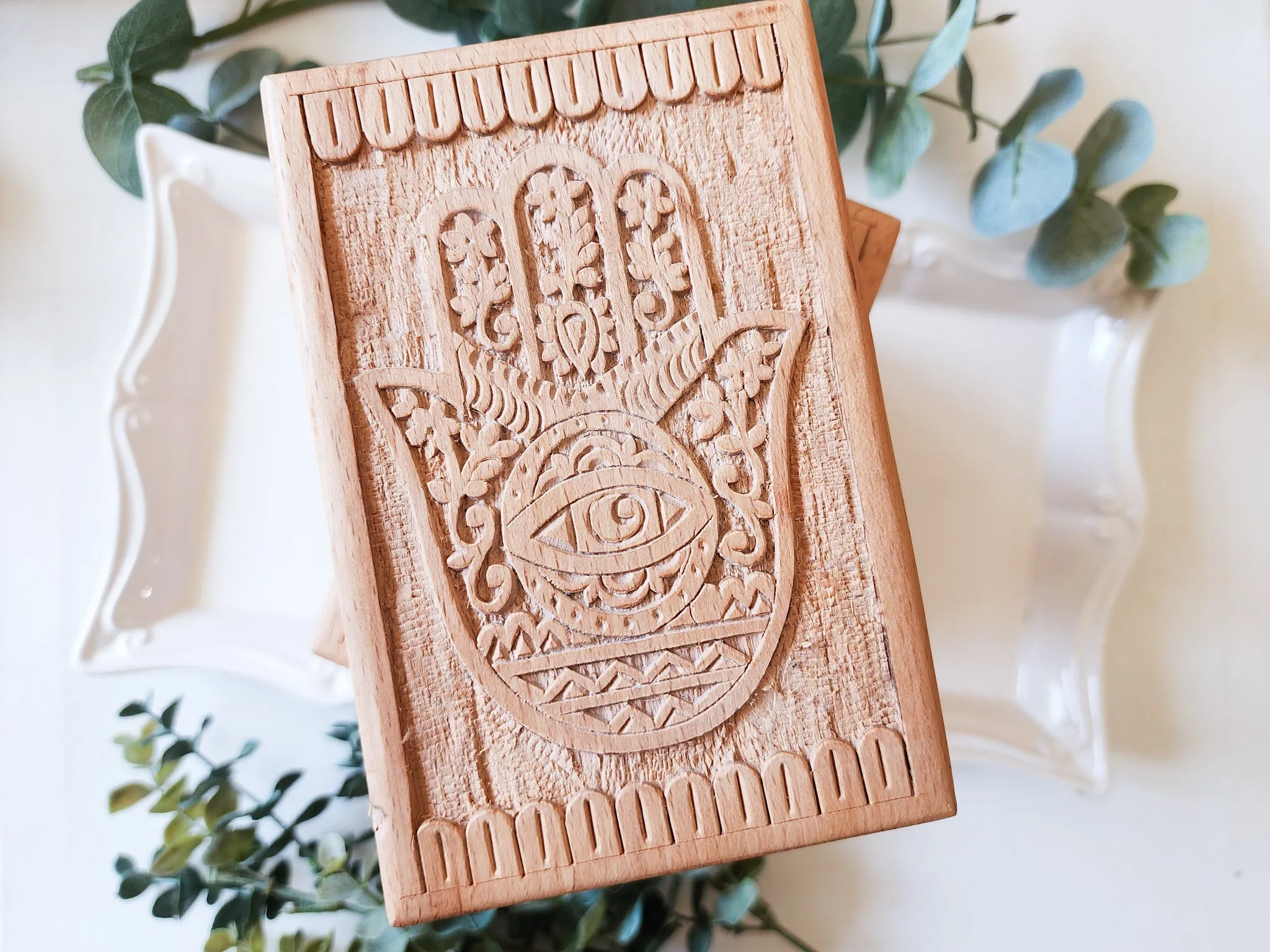 Carved Wood Box || Hamsa