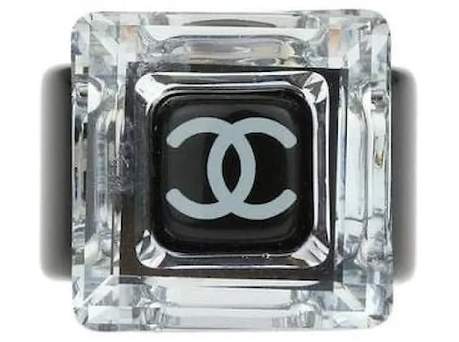 Chanel 08A Square Mirror CC Crystal Resin Black Cocktail Ring Size 6.5