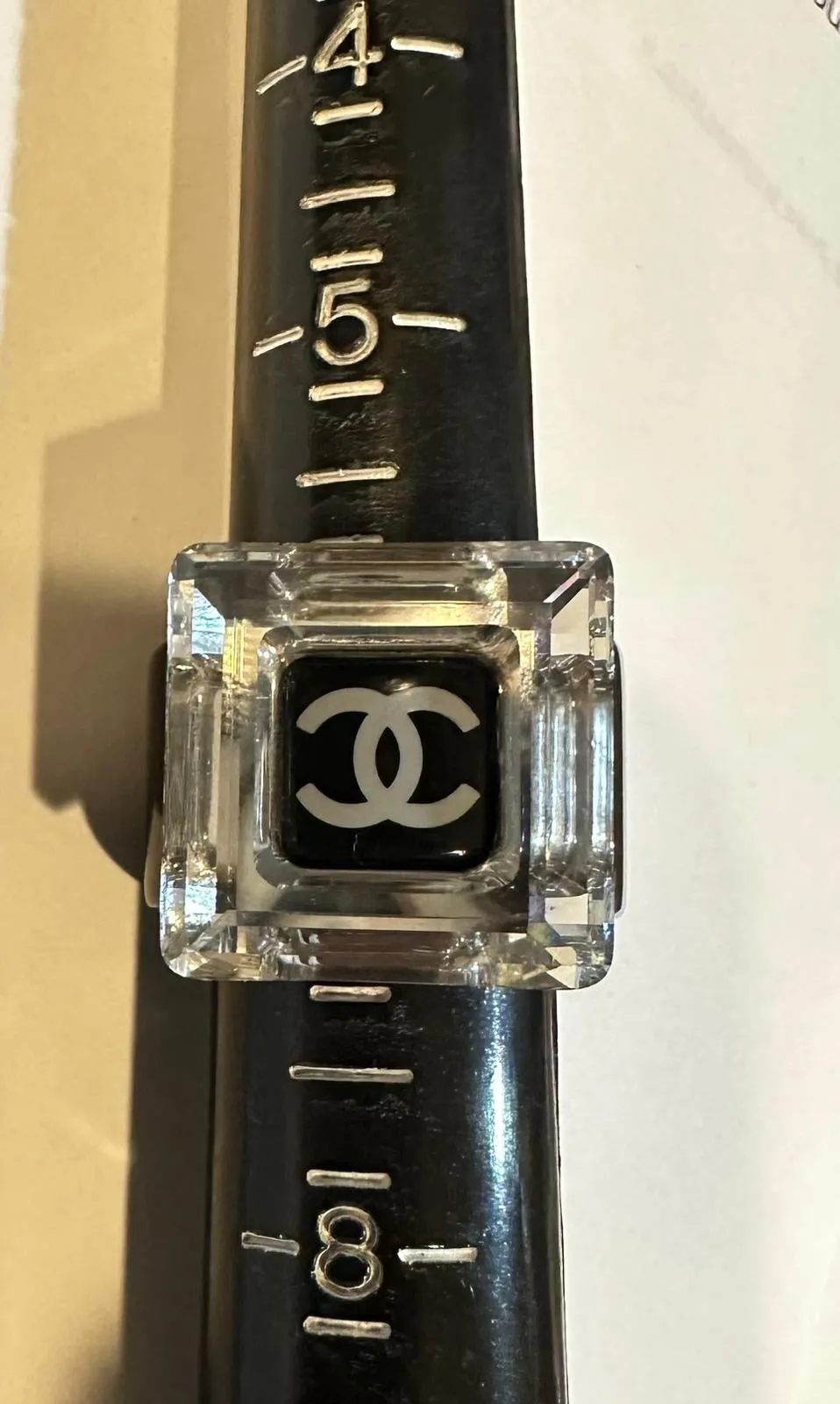 Chanel 08A Square Mirror CC Crystal Resin Black Cocktail Ring Size 6.5