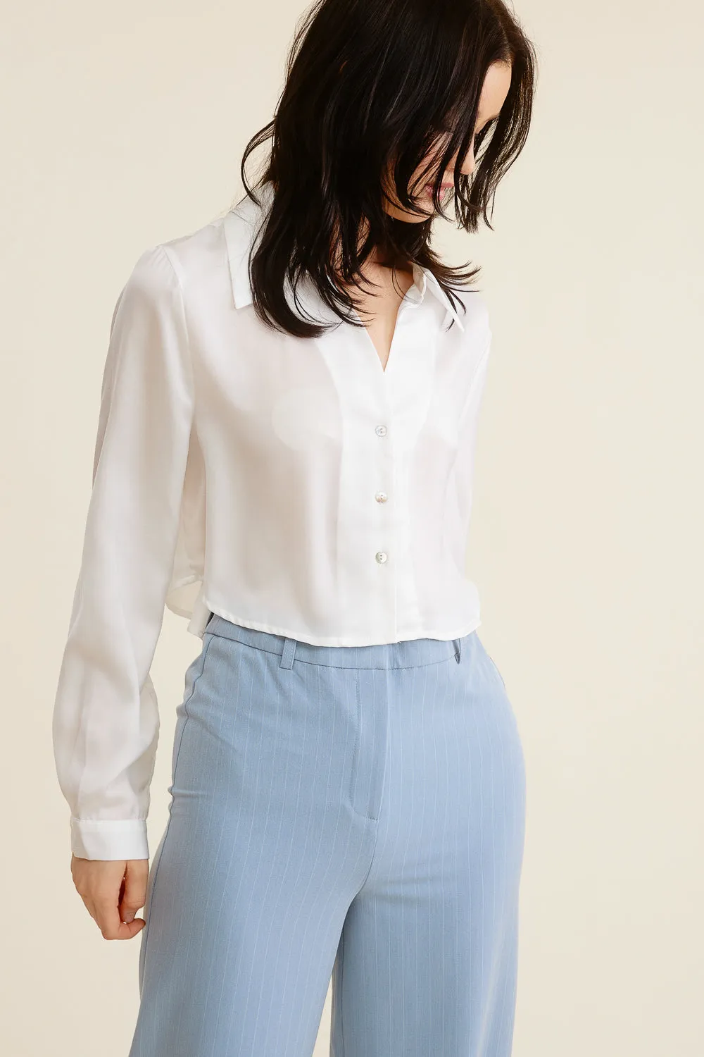 Cropped Silk Button Down Top