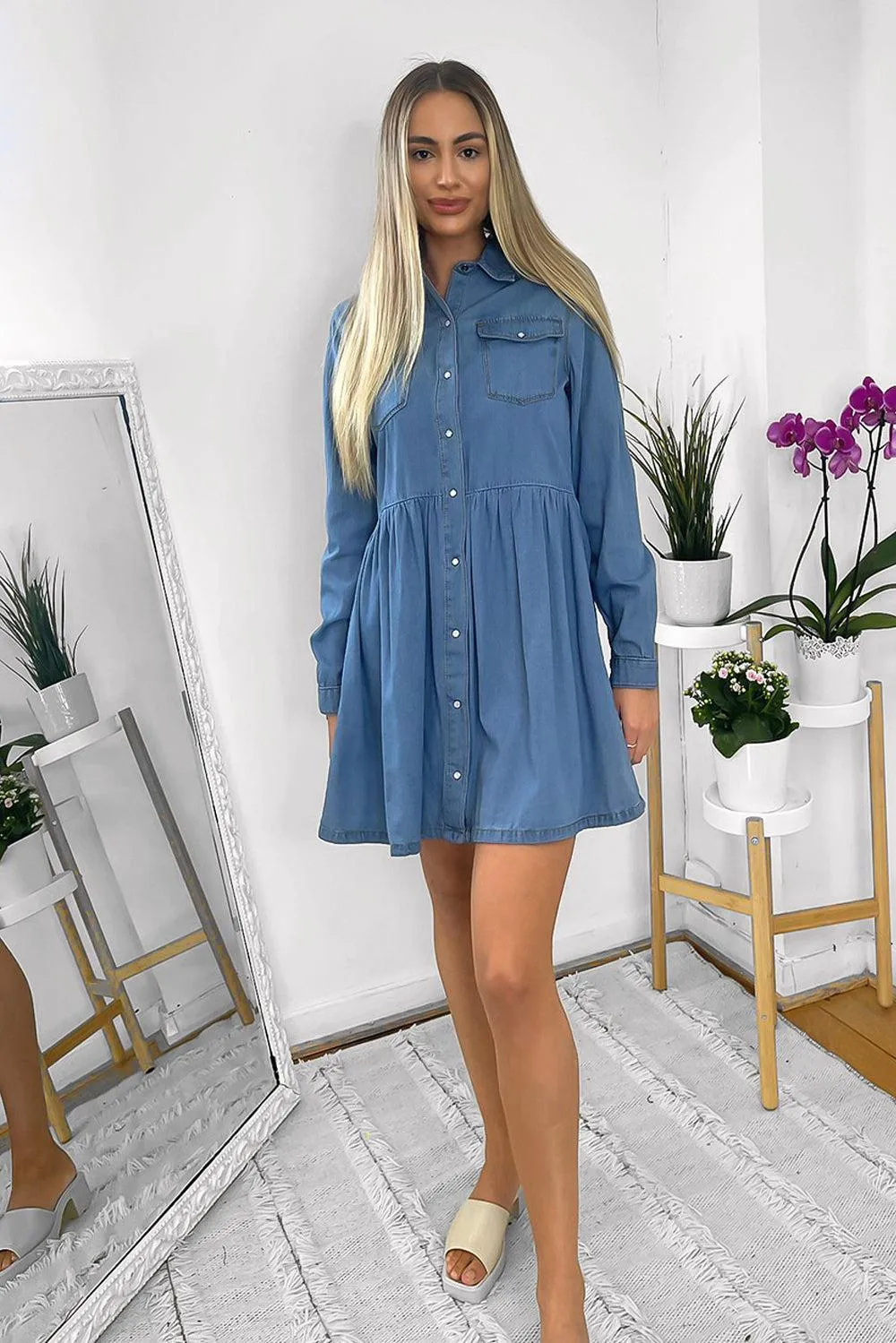 Denim Blue Pearl Buttons Frill Hen Denim Shirt Dress