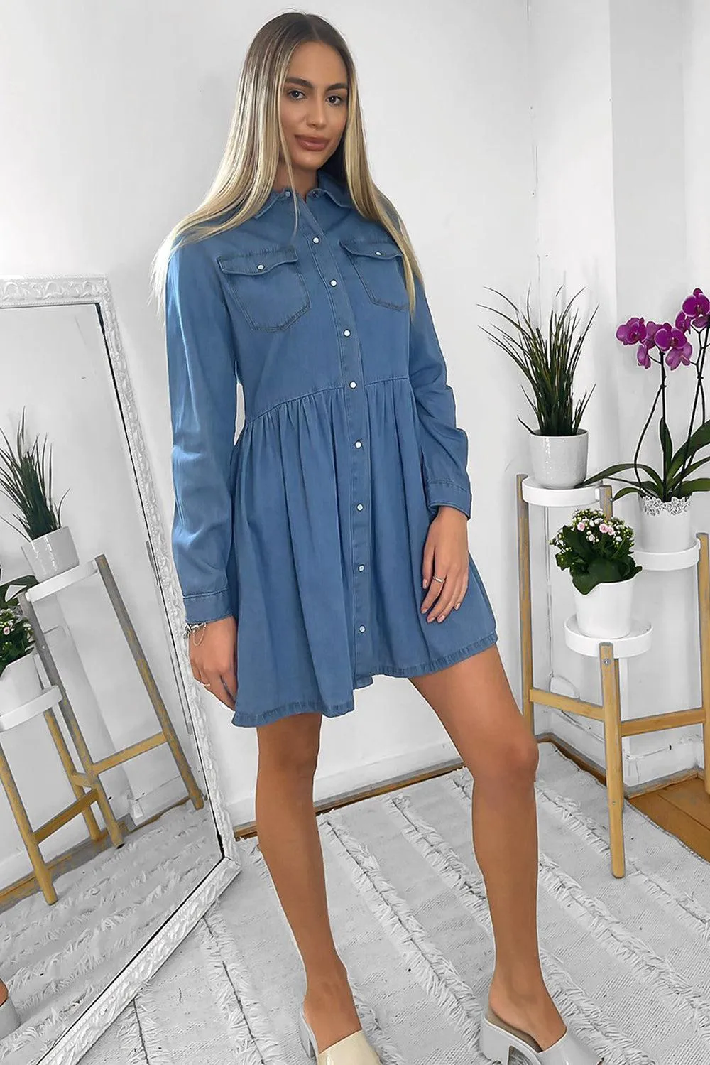 Denim Blue Pearl Buttons Frill Hen Denim Shirt Dress