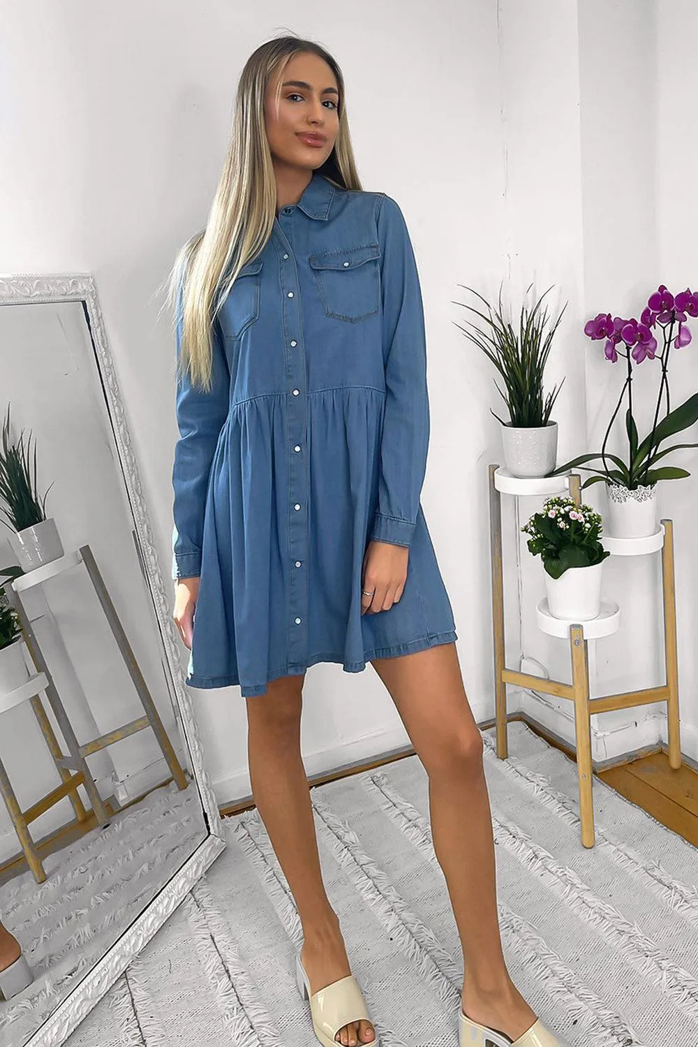 Denim Blue Pearl Buttons Frill Hen Denim Shirt Dress