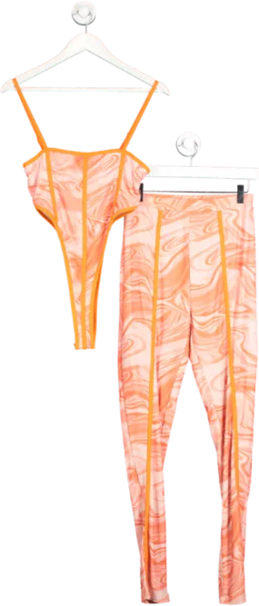 Fashion Nova Orange Sorbet Swirl Mesh Legging And Bodysuit Set UK M