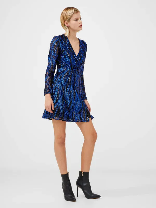 French Connection Deniz Embellished LS Mini Dress-Surf The Web-71VGU