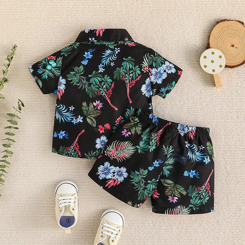 Infant Children's Short-sleeved Shirt shorts Two-piece Set of Boys' New Printed Polo Collar Top Pants Set