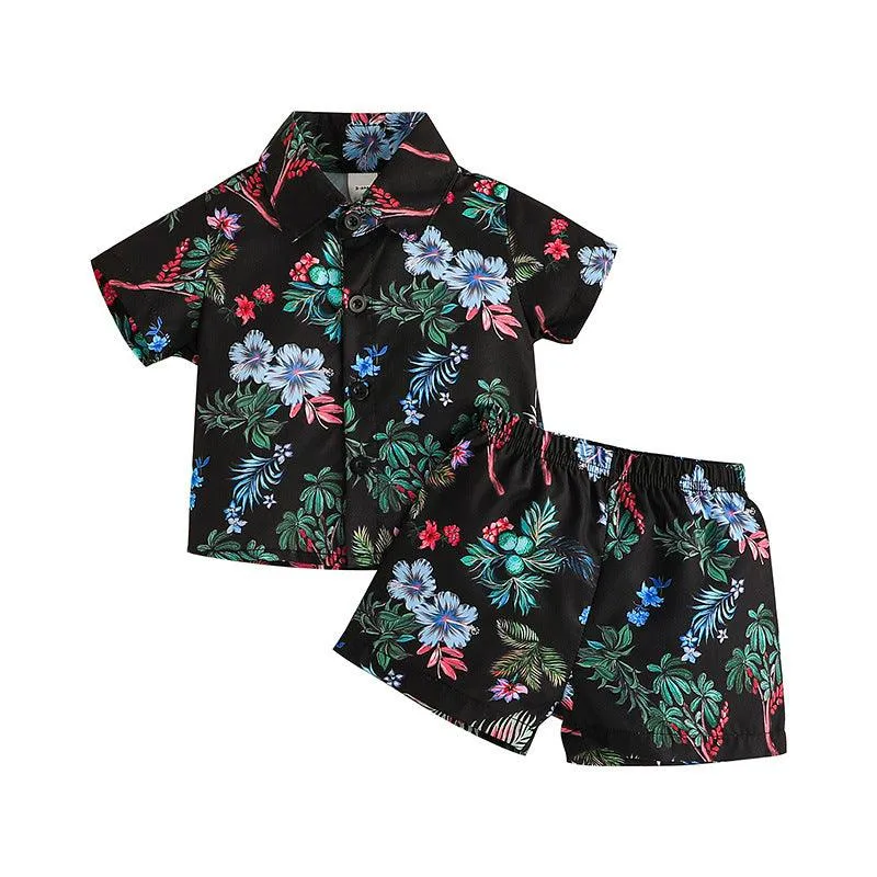 Infant Children's Short-sleeved Shirt shorts Two-piece Set of Boys' New Printed Polo Collar Top Pants Set