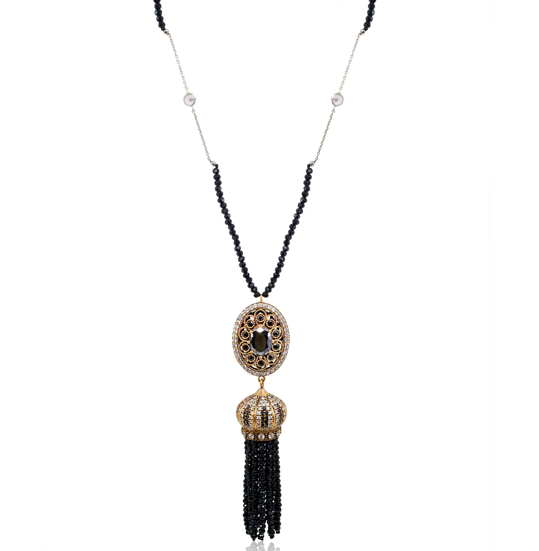 Long Vintage-Inspired Ottoman Turkish Black Jade and Crystal Tassel Necklace