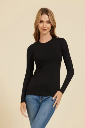 Majestic Long Sleeve Soft Touch  Viscose Crewneck in Noir