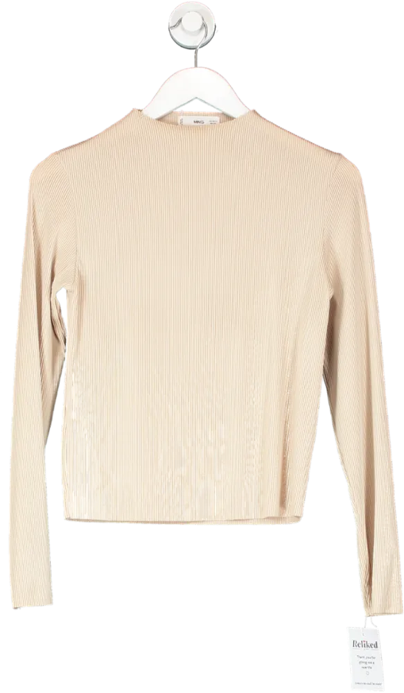 MANGO Beige Plisse Long Sleeve Top UK S