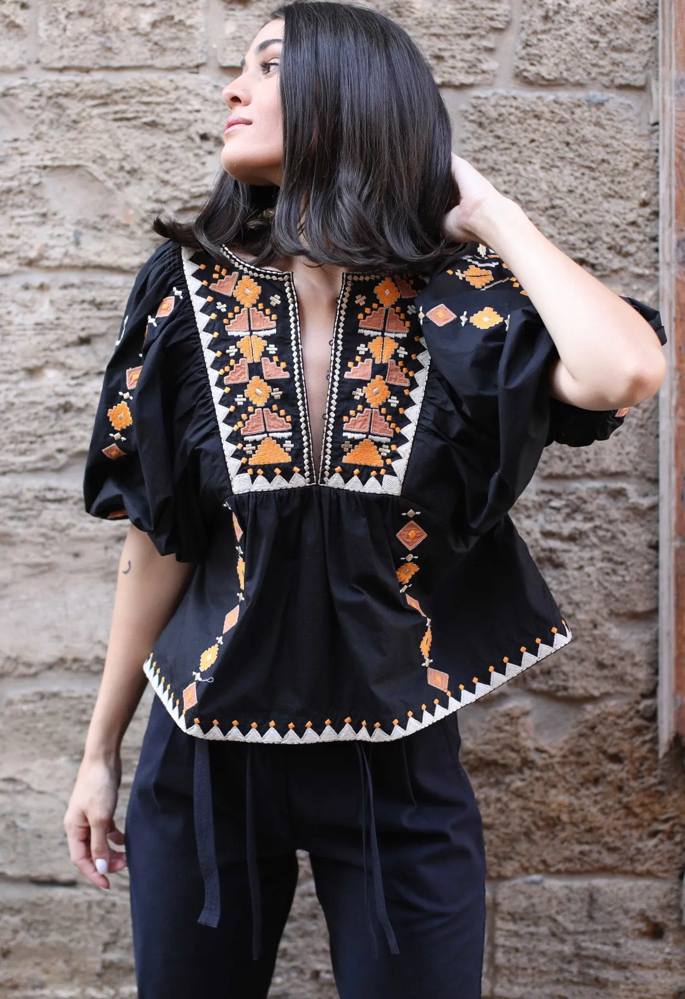 MOMENTAL TRIBE - THE MULTI COLOUR EMBROIDERY AND APPLIQUE POPLIN TOP