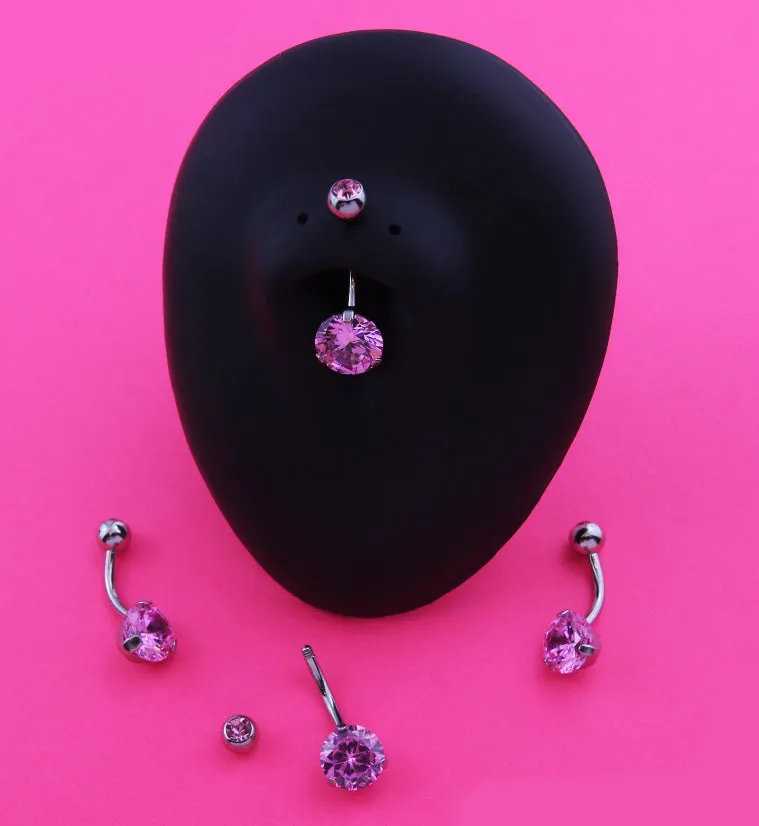 Prong Pink CZ Stainless Steel Belly Button Ring