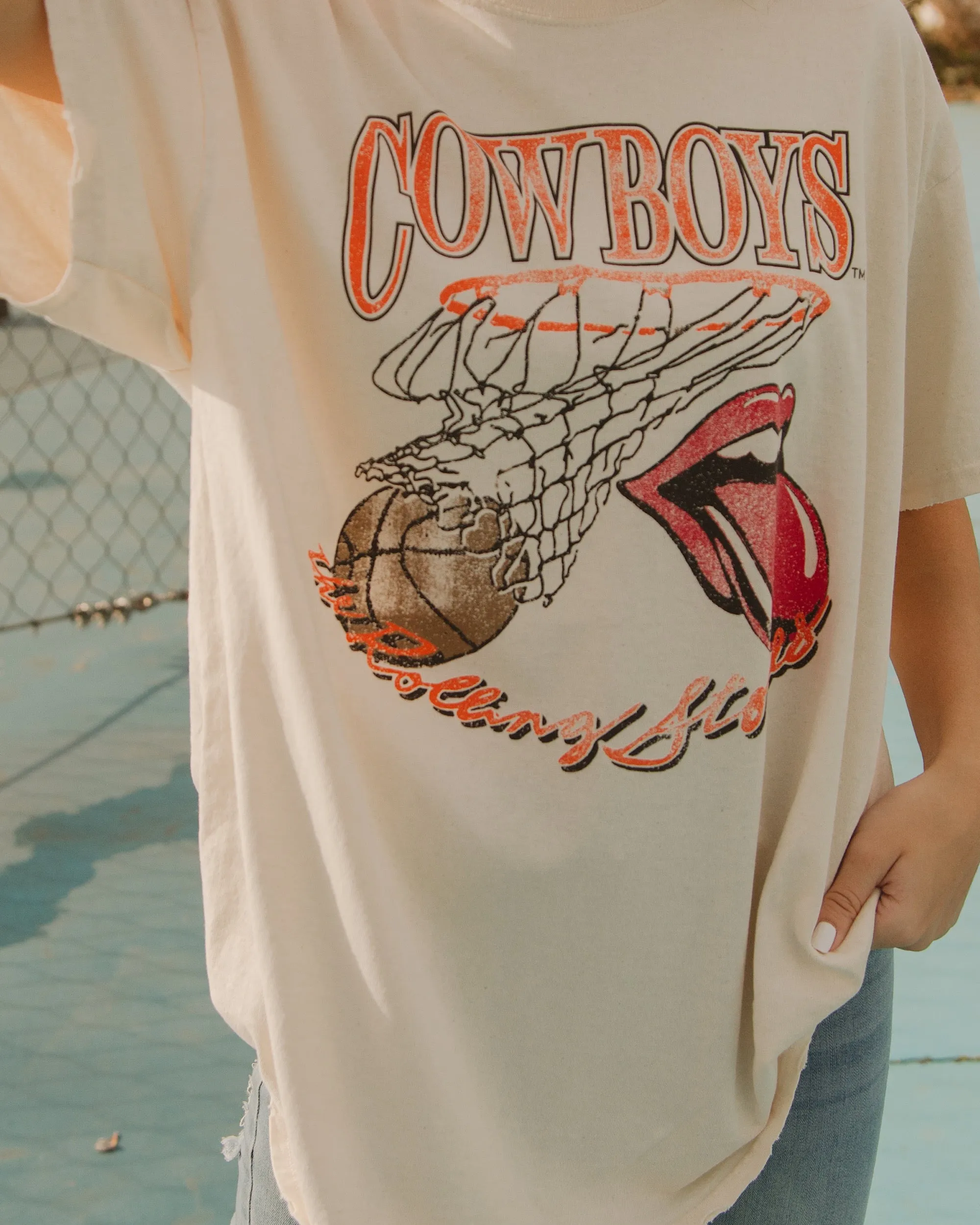 Rolling Stones Cowboys Basketball Net Off White Thrifted Tee