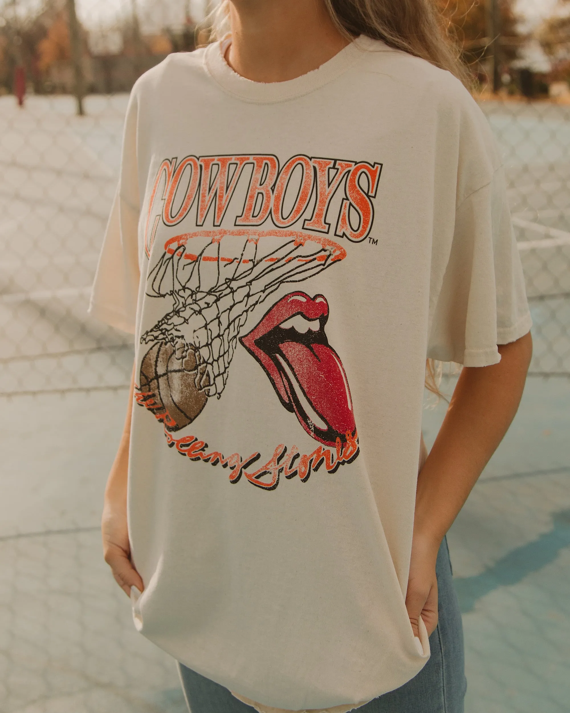 Rolling Stones Cowboys Basketball Net Off White Thrifted Tee