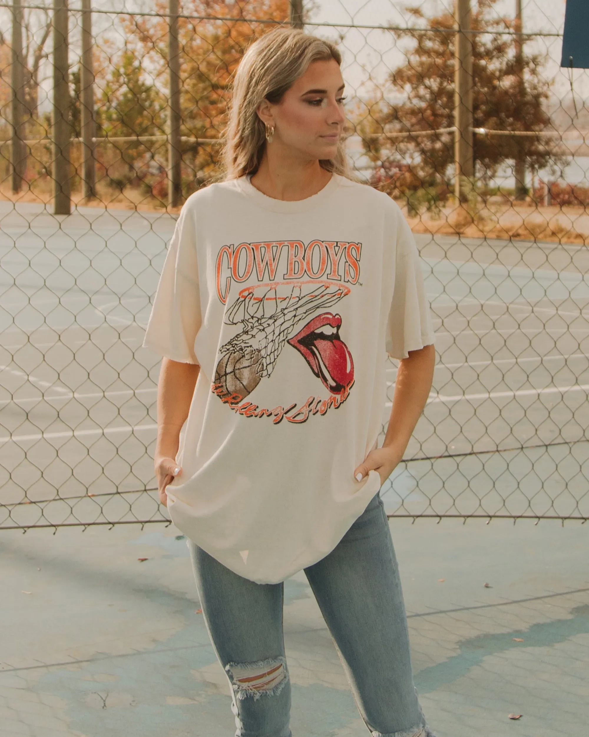 Rolling Stones Cowboys Basketball Net Off White Thrifted Tee