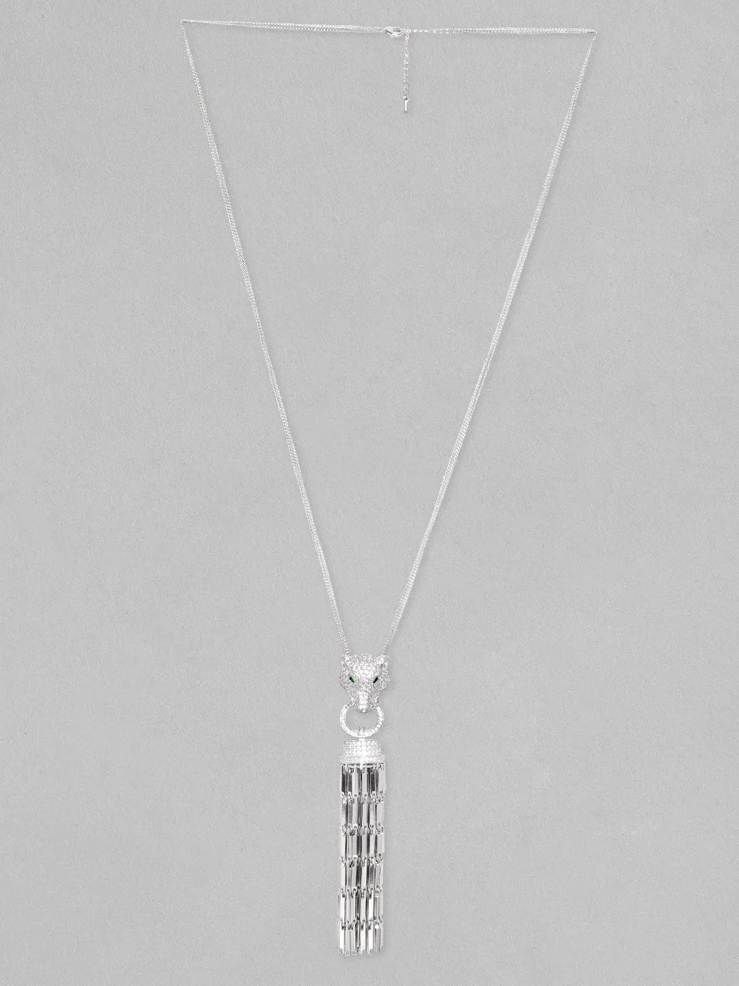 Rubans Rhodium plated Brilliant Cut Crystal Zirconia Panther Motif & Tassels Pendant Chain Necklace