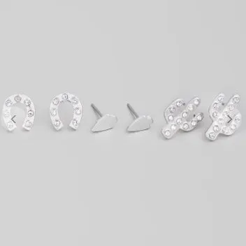 Silver Mini Horseshoe Cactus Stud Earrings Set