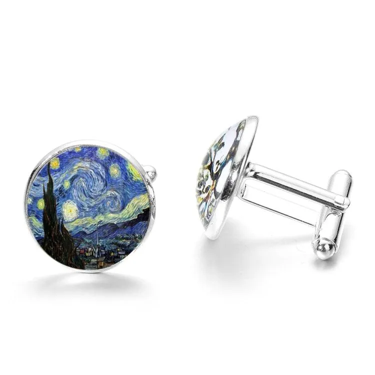 Starry Night Cufflinks Inspired by Van Gogh - Crystal Glass Cabochon Unisex Accessory