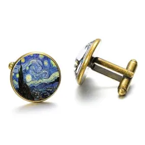 Starry Night Cufflinks Inspired by Van Gogh - Crystal Glass Cabochon Unisex Accessory