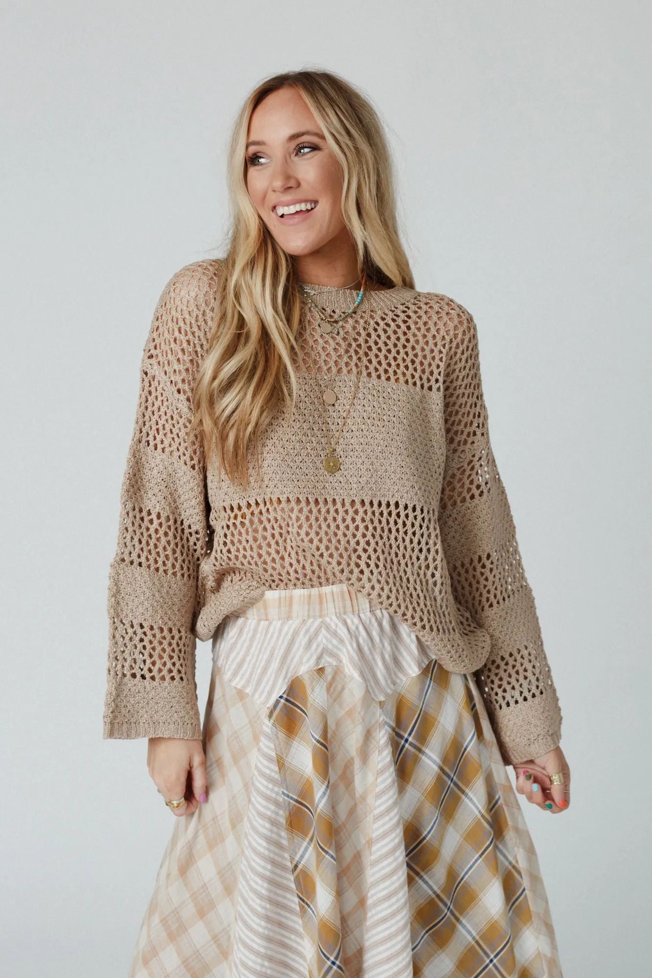 Sweet Peek Open Knit Top - Taupe