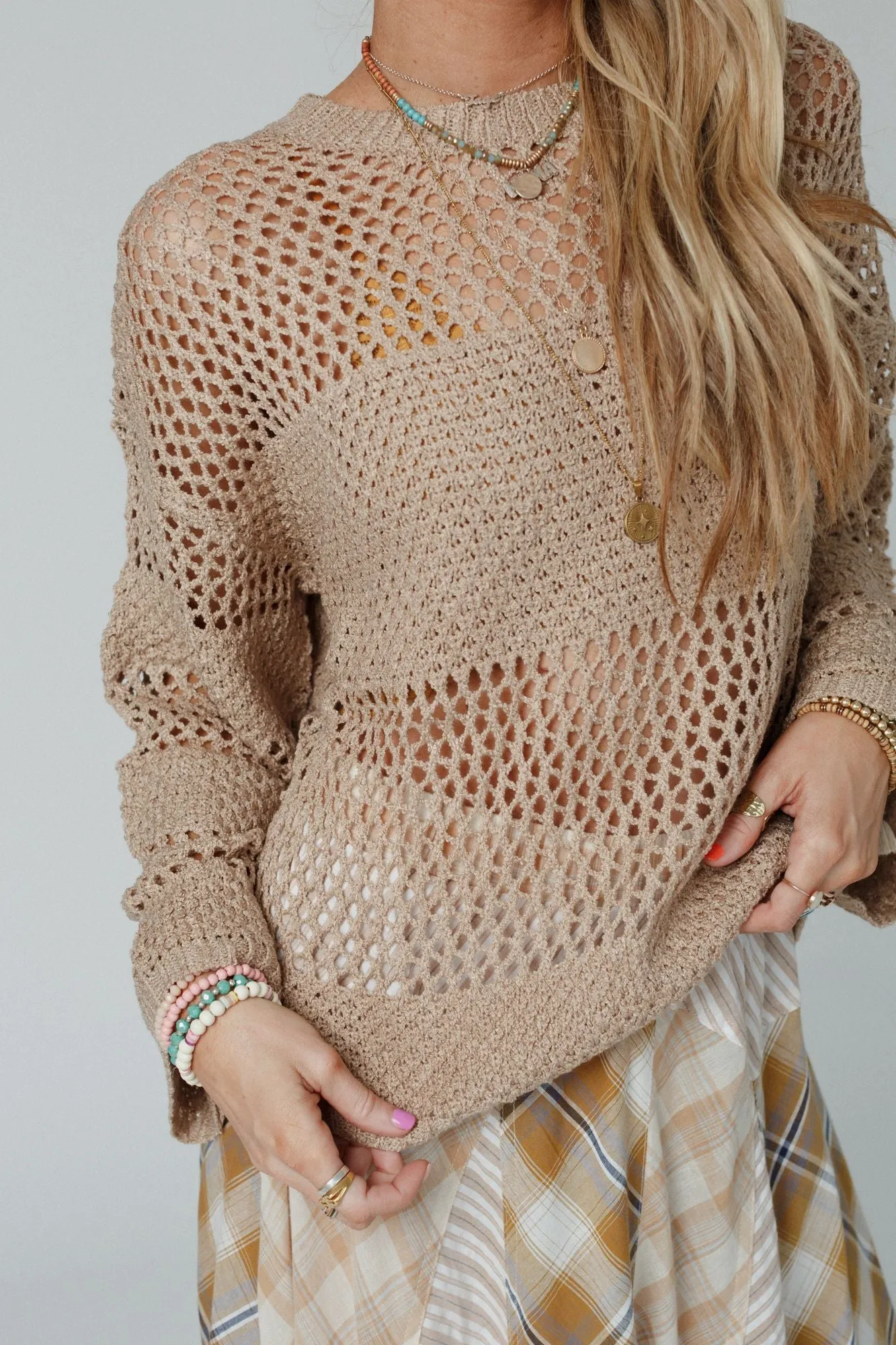 Sweet Peek Open Knit Top - Taupe