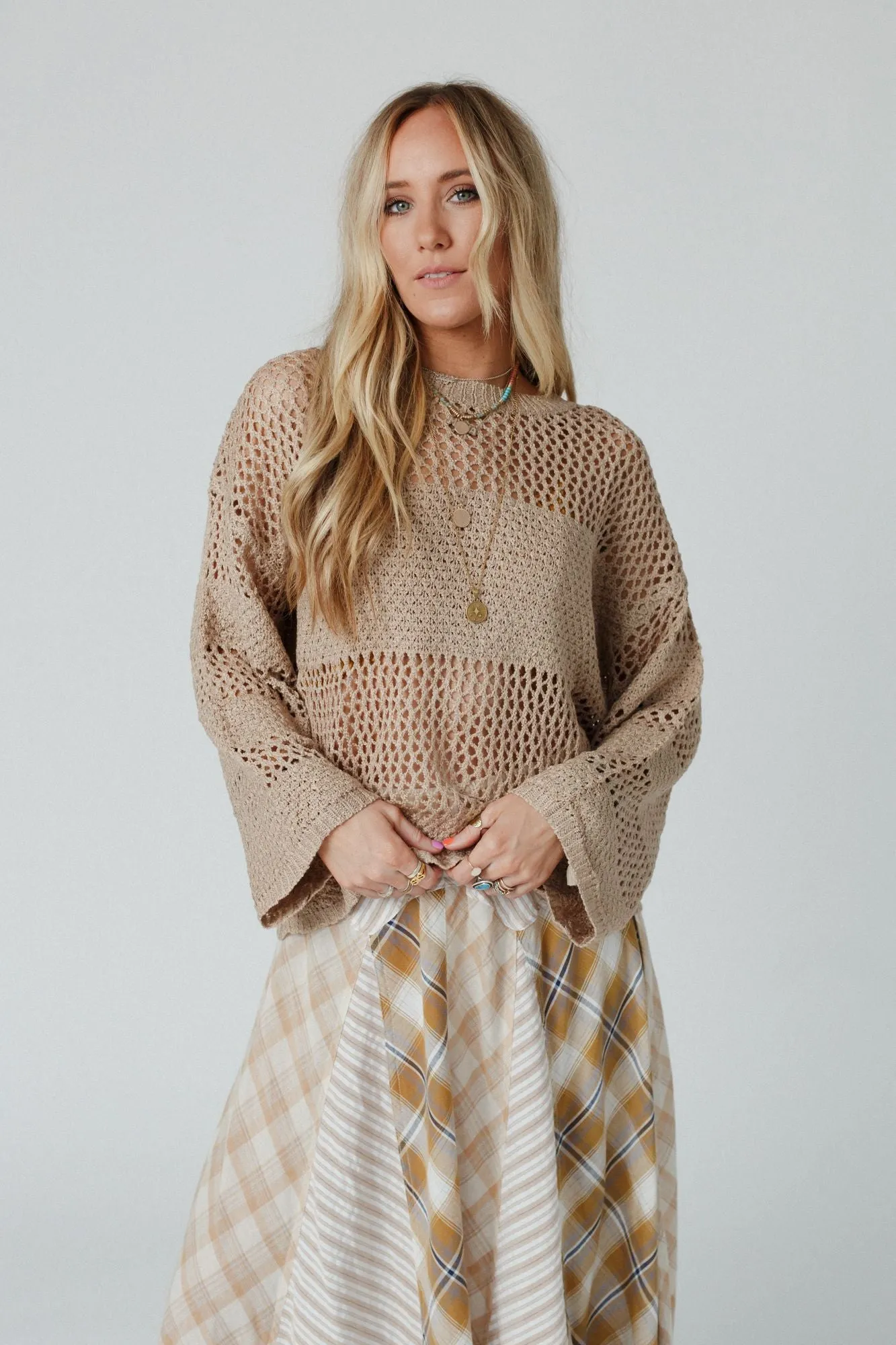 Sweet Peek Open Knit Top - Taupe