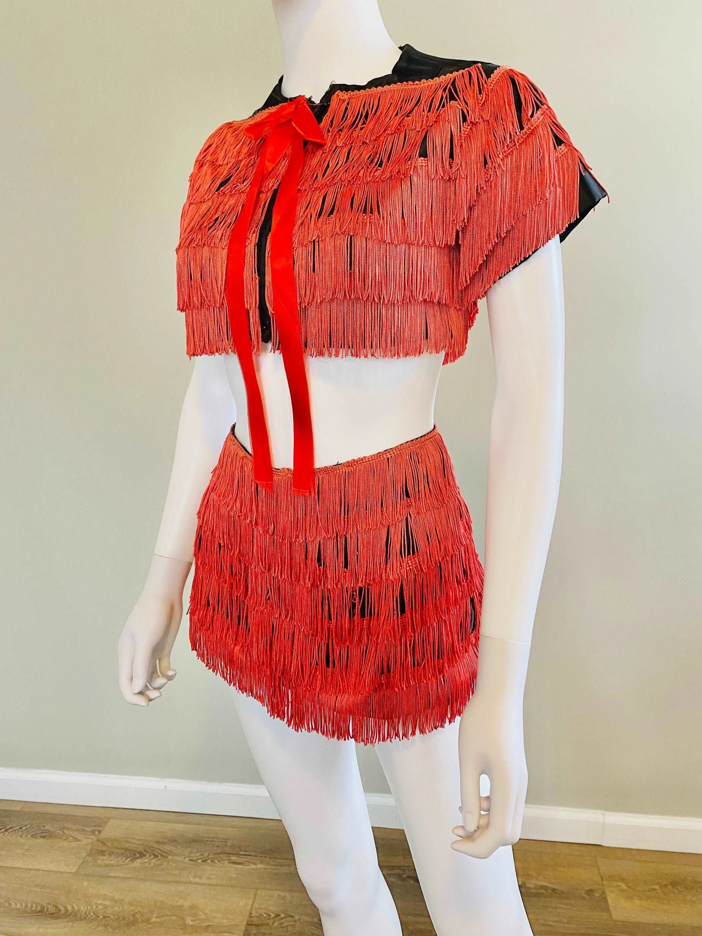 Vintage 1940s Burlesque Costume /40s retro Black Satin and Red Fringe Showgirl Set / Size S M